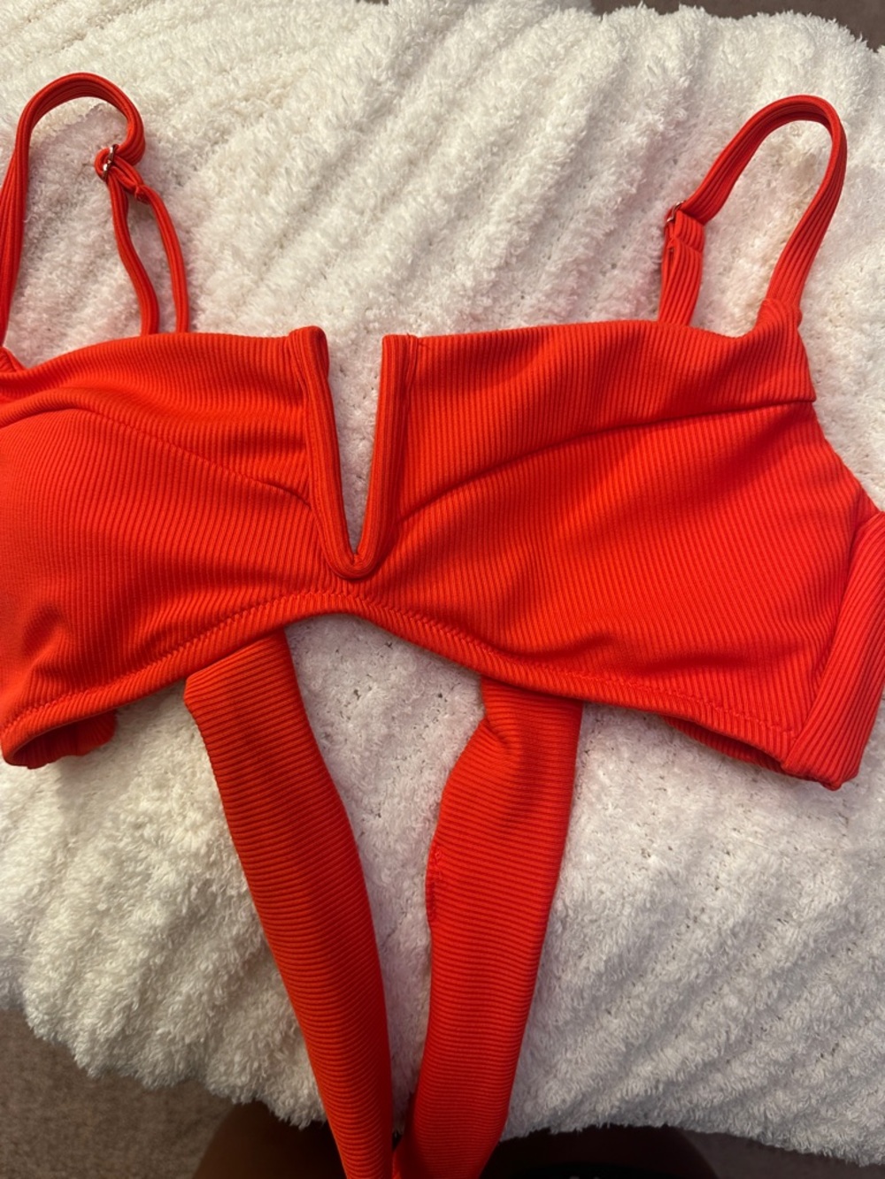 Bar III Red Ribbed V-Notch Bikini Top